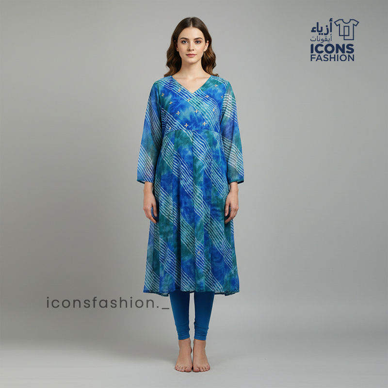 Woman-blue-printed-a-line-kurta-with-v-neck-and-three-quarter-sleeves