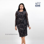 Woman-black-printed-bodycon-midi-dress-with-round-neck-and-sheer-long-sleeves