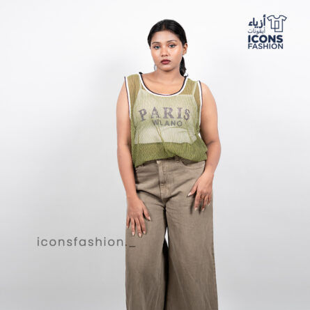 Women-olive-green-sleeveless-mesh-top-with-round-neckline-contrast-piping-and-paris-graphic-print