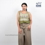 Women-olive-green-sleeveless-mesh-top-with-round-neckline-contrast-piping-and-paris-graphic-print