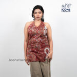 Woman-maroon-paisley-printed-sleeveless-halter-neck-kurta-with-open-back-and-tie-up-detail