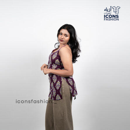 Woman-purple-printed-sleeveless-halter-neck-kurta-with-straight-silhouette
