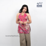 Woman-pink-printed-sleeveless-halter-neck-kurta-with-straight-silhouette