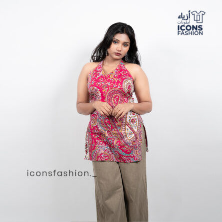Woman-pink-printed-sleeveless-halter-neck-kurta-with-straight-silhouette