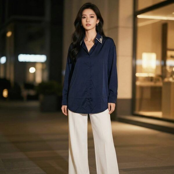 Woman-navy-blue-long-sleeve-button-down-shirt-with-embellished-collar