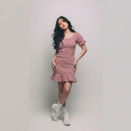Red-smocked-square-neck-mini-dress-with-short-ruffle-sleeves-for-women