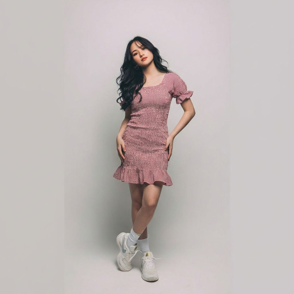 Red-smocked-square-neck-mini-dress-with-short-ruffle-sleeves-for-women