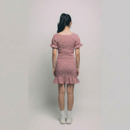 Red-smocked-square-neck-mini-dress-with-short-ruffle-sleeves-for-women