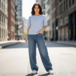 Women-blue-puff-sleeve-textured-knit-top-with-round-neck