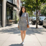 Women-grey-micro-check-long-sleeve-fit-dress-with-back-zip-closure