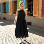 Women-black-sleeveless-halter-neck-tiered-midi-dress-with-eyelet-hem