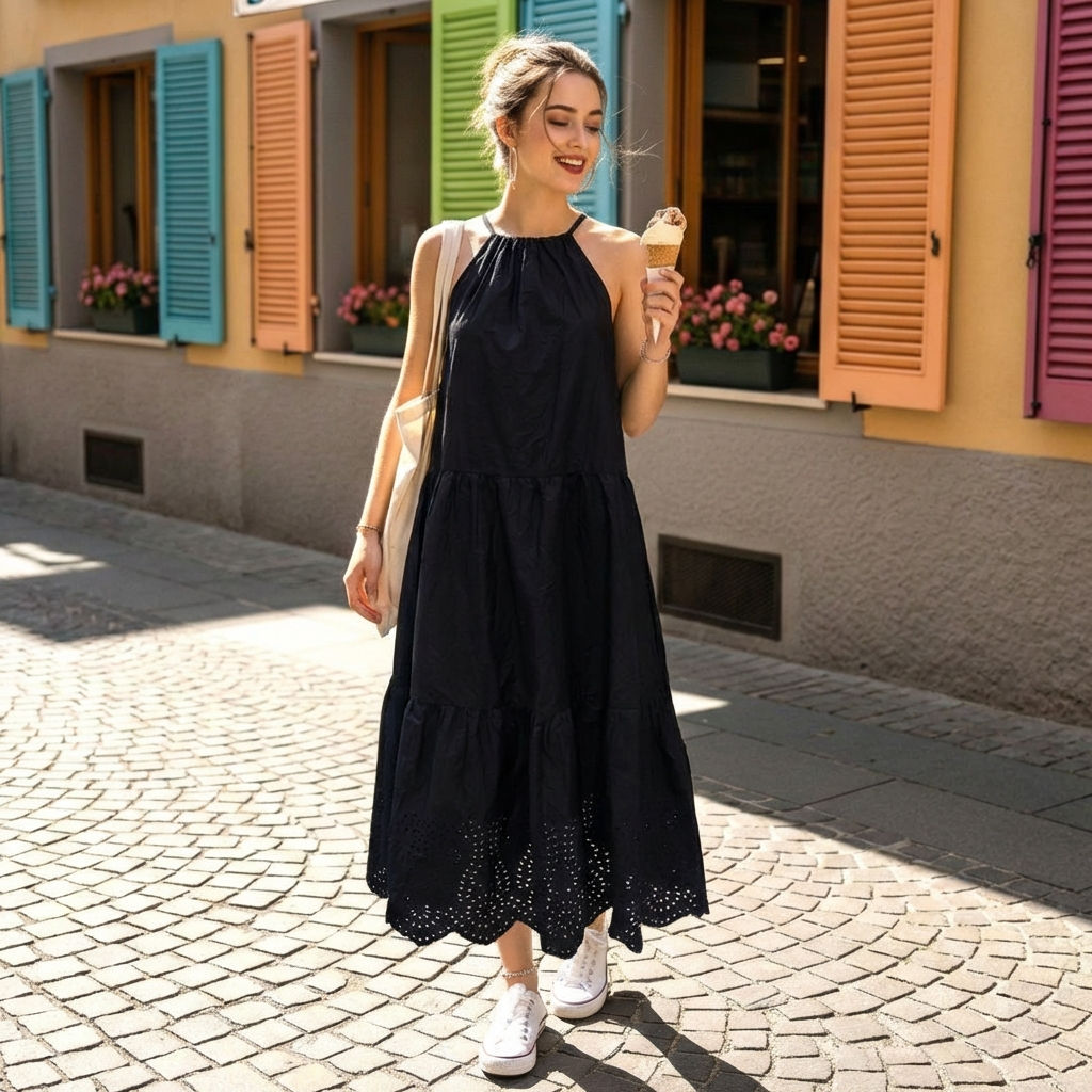 Women-black-sleeveless-halter-neck-tiered-midi-dress-with-eyelet-hem