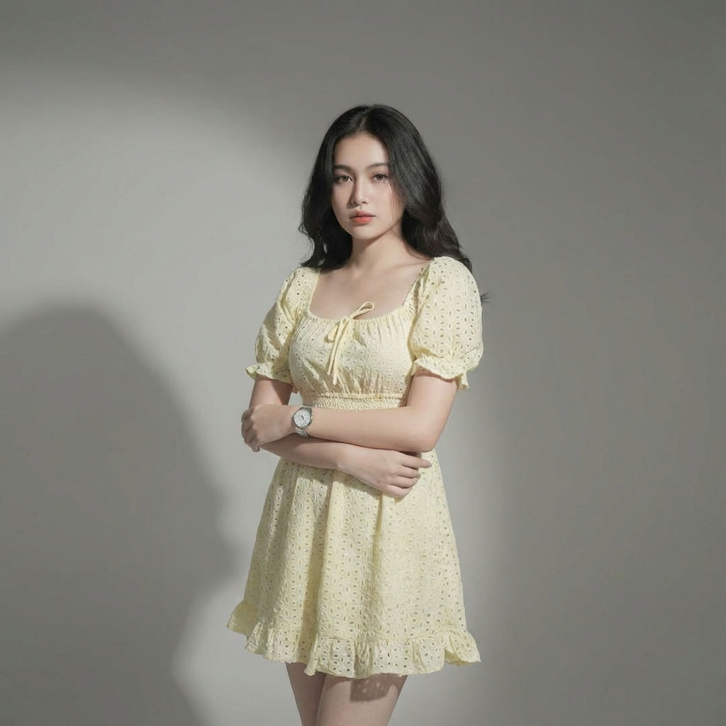 Women-yellow-eyelet-mini-dress-with-square-neck-puff-sleeves-smocked-waist-and-fit-and-flare-silhouette