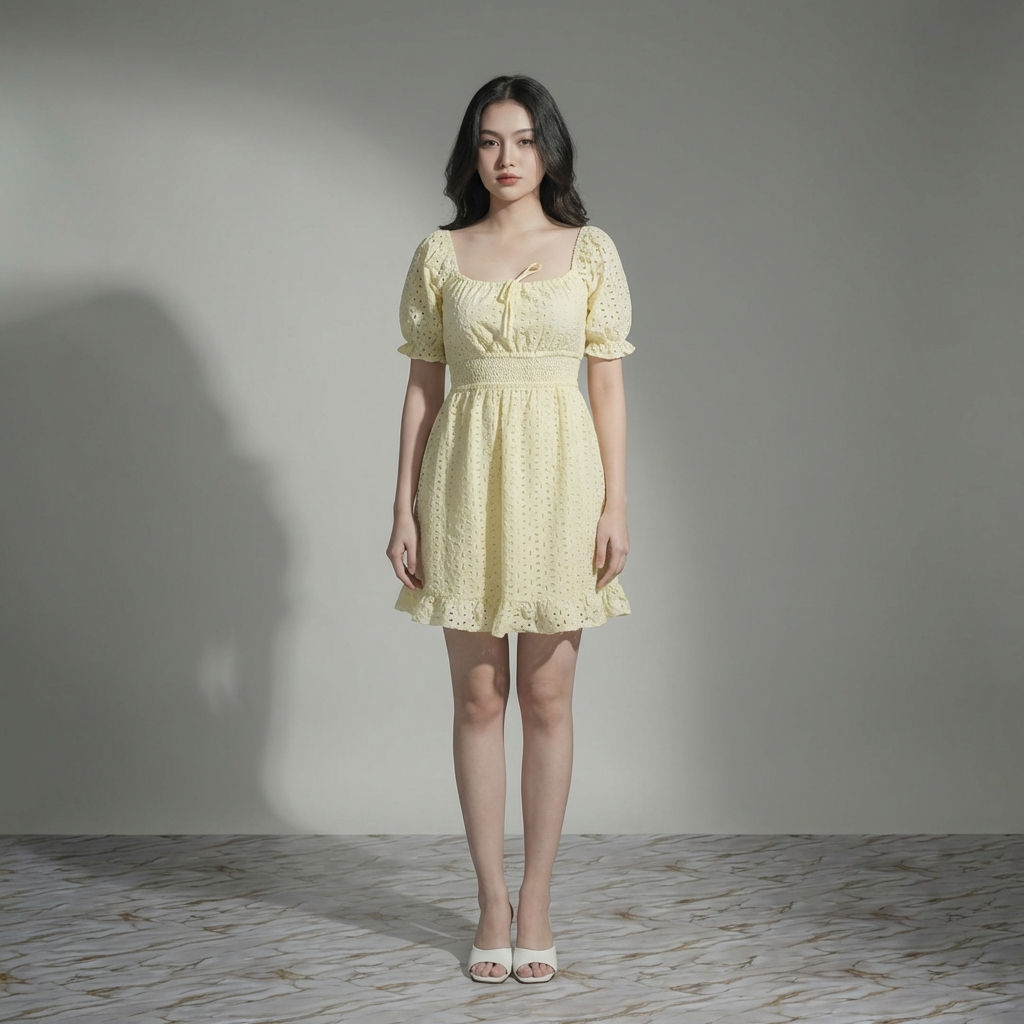 Women-yellow-eyelet-mini-dress-with-square-neck-puff-sleeves-smocked-waist-and-fit-and-flare-silhouette