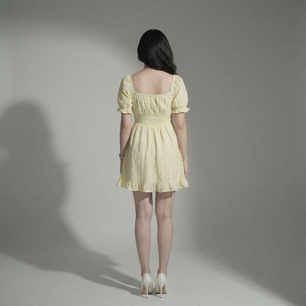Women-yellow-eyelet-mini-dress-with-square-neck-puff-sleeves-smocked-waist-and-fit-and-flare-silhouette