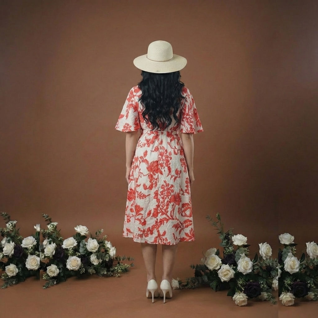Women-dress-with-red-floral-print-v-neck-short-sleeves-and-a-line-silhouette
