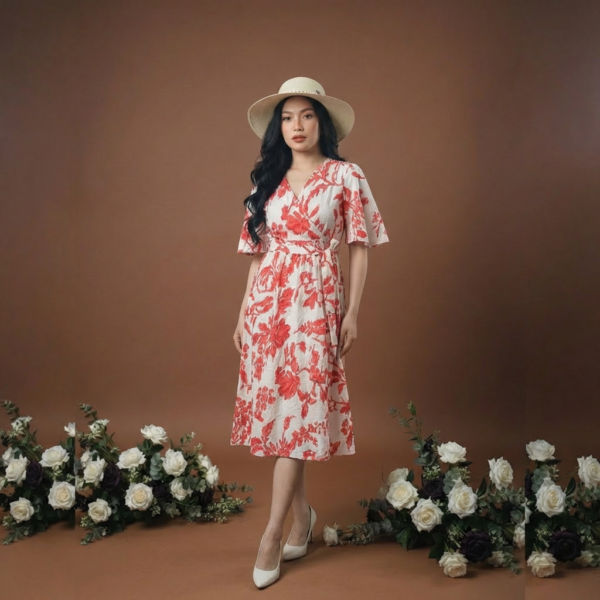 Women-dress-with-red-floral-print-v-neck-short-sleeves-and-a-line-silhouette