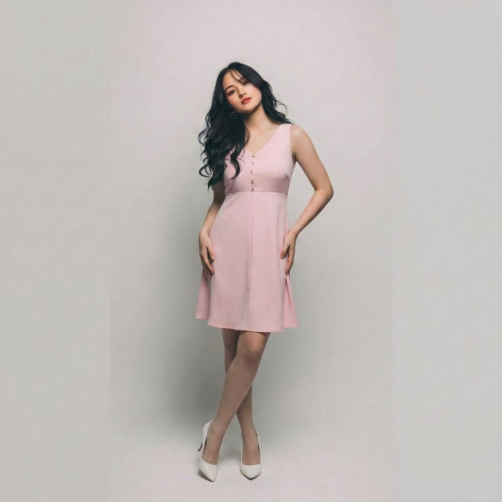 Women-pink-sleeveless-v-neck-fit-and-flare-mini-dress-with-button-detail-and-back-cut-out