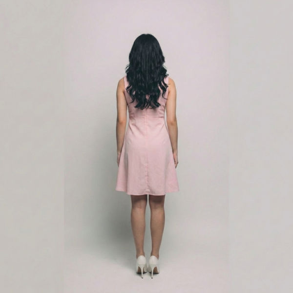 Women-pink-sleeveless-v-neck-fit-and-flare-mini-dress-with-button-detail-and-back-cut-out