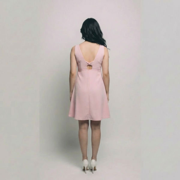 Women-pink-sleeveless-v-neck-fit-and-flare-mini-dress-with-button-detail-and-back-cut-out