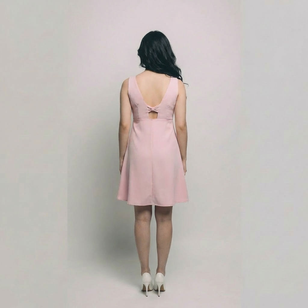 Women-pink-sleeveless-v-neck-fit-and-flare-mini-dress-with-button-detail-and-back-cut-out