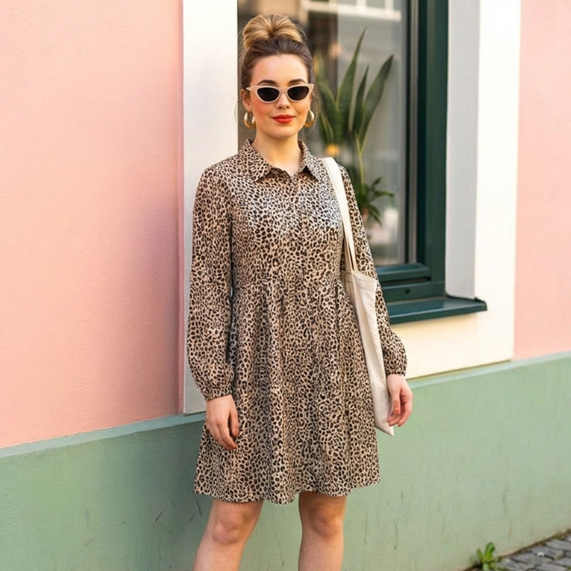 Womens-leopard-print-casual-dress-with-flared-silhouette-and-shirt-collar