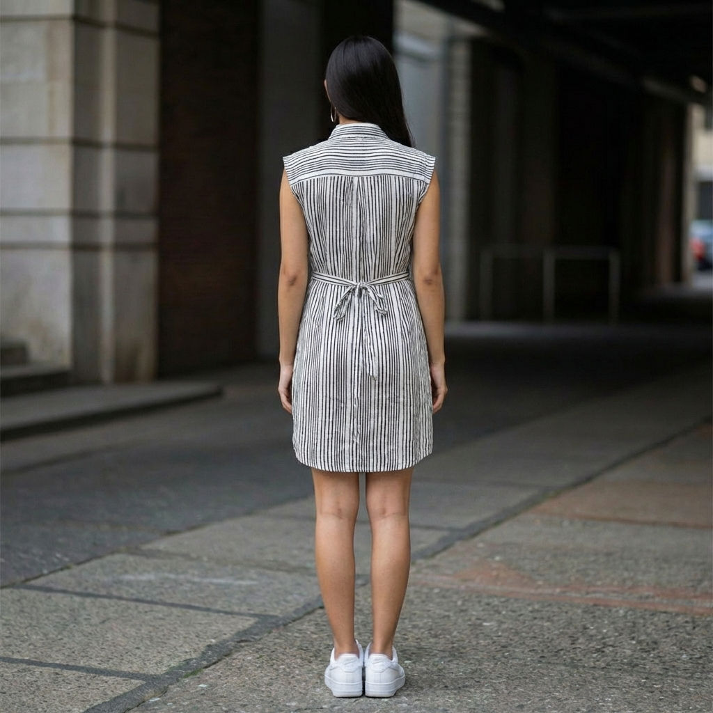 Black-and-white-vertical-striped-sleeveless-shirt-dress-with-collar-and-button-down-front