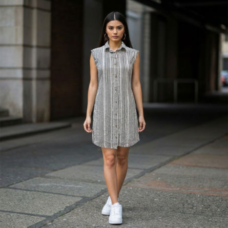 Black-and-white-vertical-striped-sleeveless-shirt-dress-with-collar-and-button-down-front
