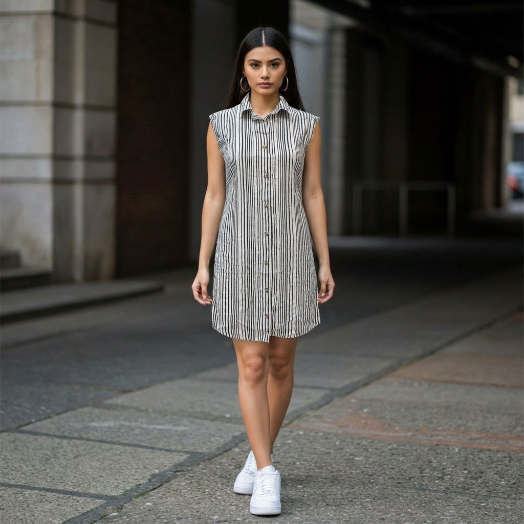 Black-and-white-vertical-striped-sleeveless-shirt-dress-with-collar-and-button-down-front