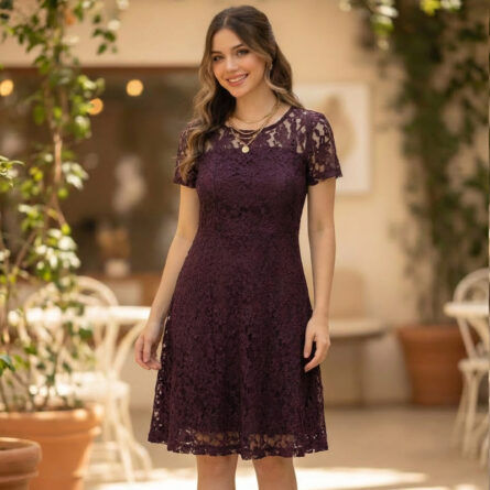 Women's lace A-line dresses | Ladies stylish sheer yoke short dresses - Image 2