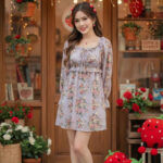 Women-lavender-floral-mini-dress-with-long-sheer-sleeves-and-square-neck