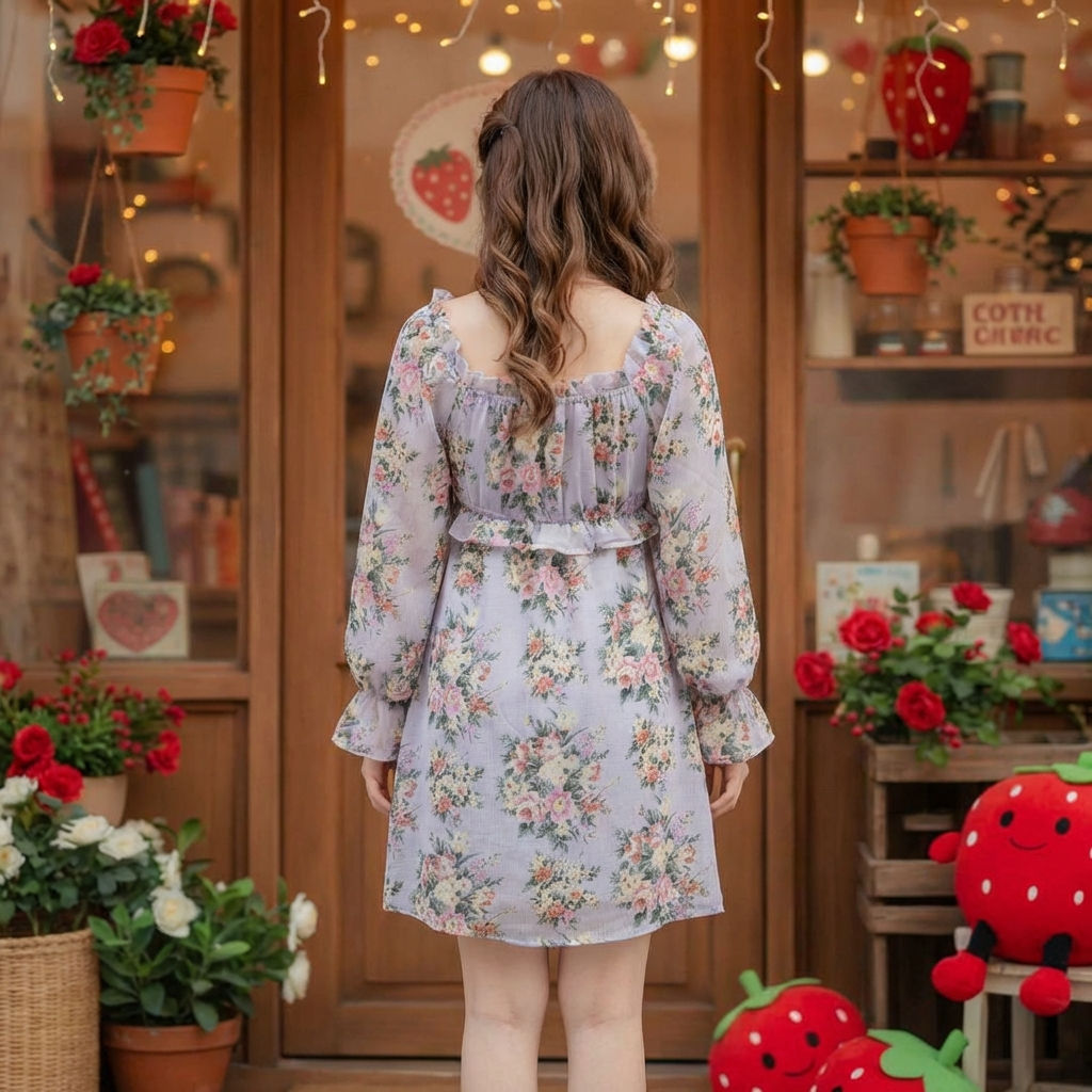 Women-lavender-floral-mini-dress-with-long-sheer-sleeves-and-square-neck