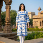 Women-blue-printed-kurta-with-three-quarter-sleeves-and-round-neck