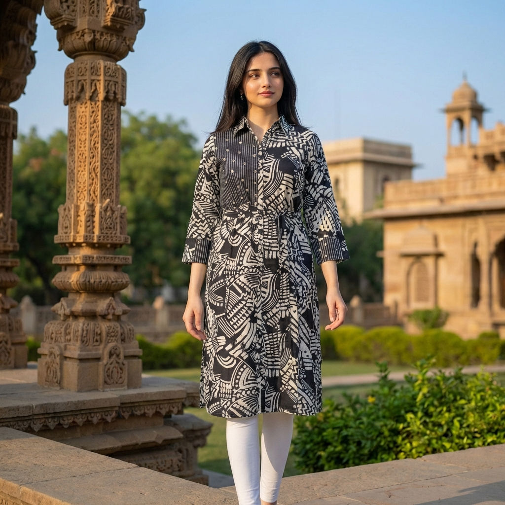 Women-black-printed-kurta-dress-with-belt-and-shirt-collar-neck