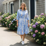 Women-blue-printed-shirt-dress-with-belt-and-three-quarter-sleeves