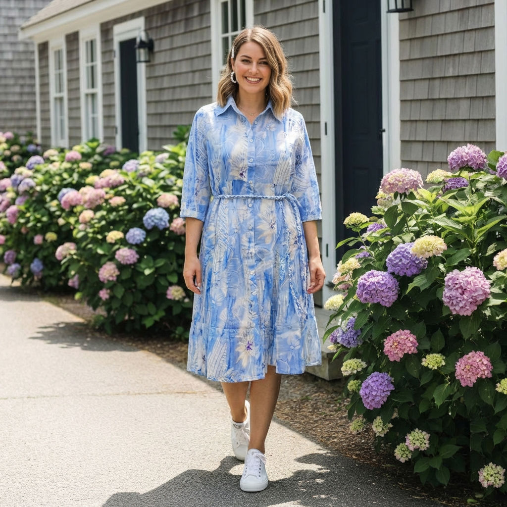 Women-blue-printed-shirt-dress-with-belt-and-three-quarter-sleeves