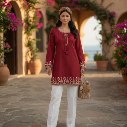 Women-red-kurta-top-with-tassel-neck-and-full-sleeves