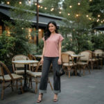 Dusty-pink-crew-neck-rolled-sleeve-women's-top