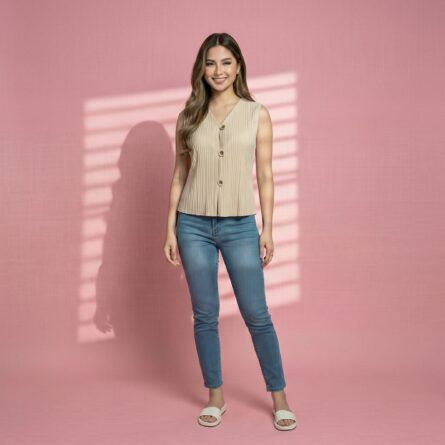 Beige-ribbed-V-neck-sleeveless-button-front-women's-top