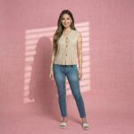 Beige-ribbed-V-neck-sleeveless-button-front-women's-top