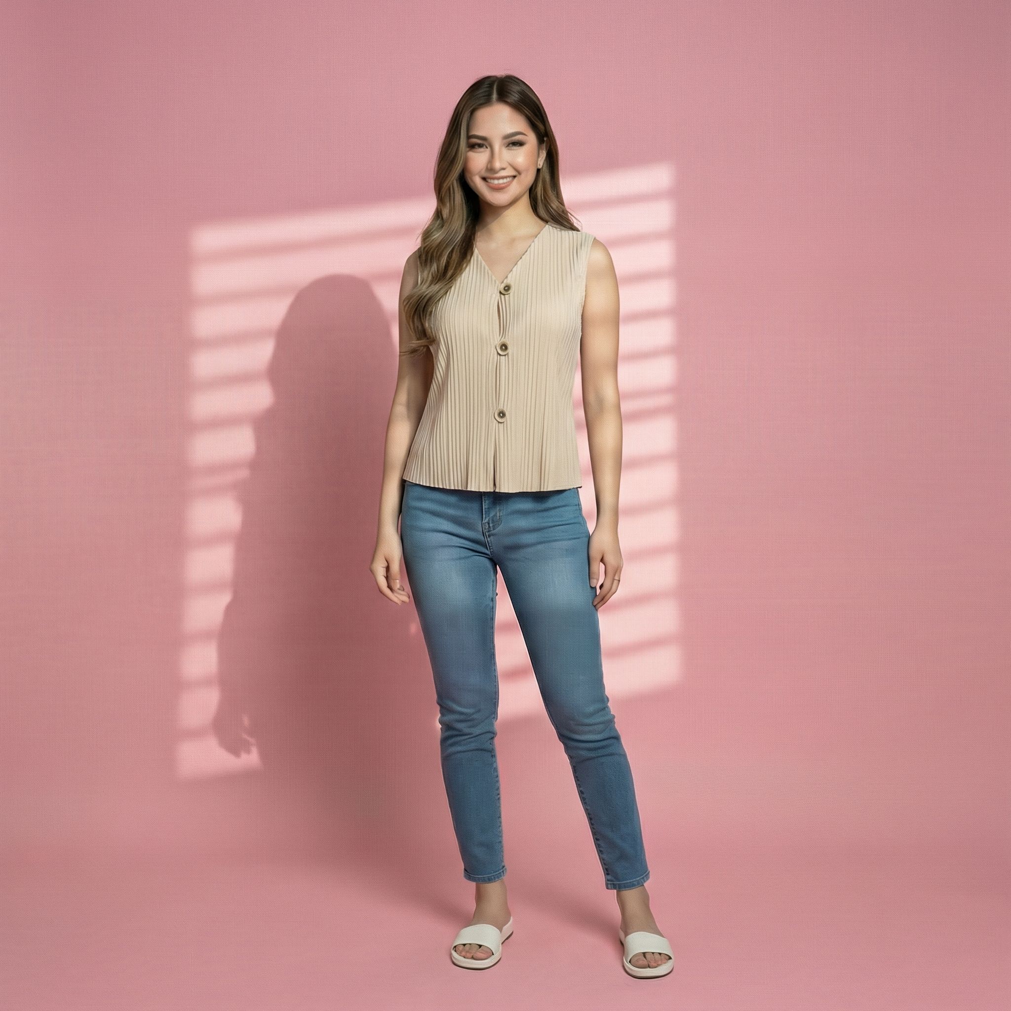 Beige-ribbed-V-neck-sleeveless-button-front-women's-top