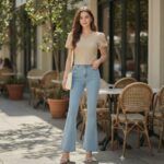 Beige-V-neck-puff-sleeve-textured-women's-top