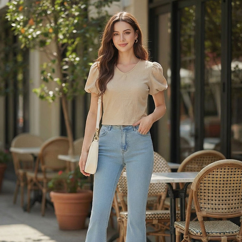 Beige-V-neck-puff-sleeve-textured-women's-top