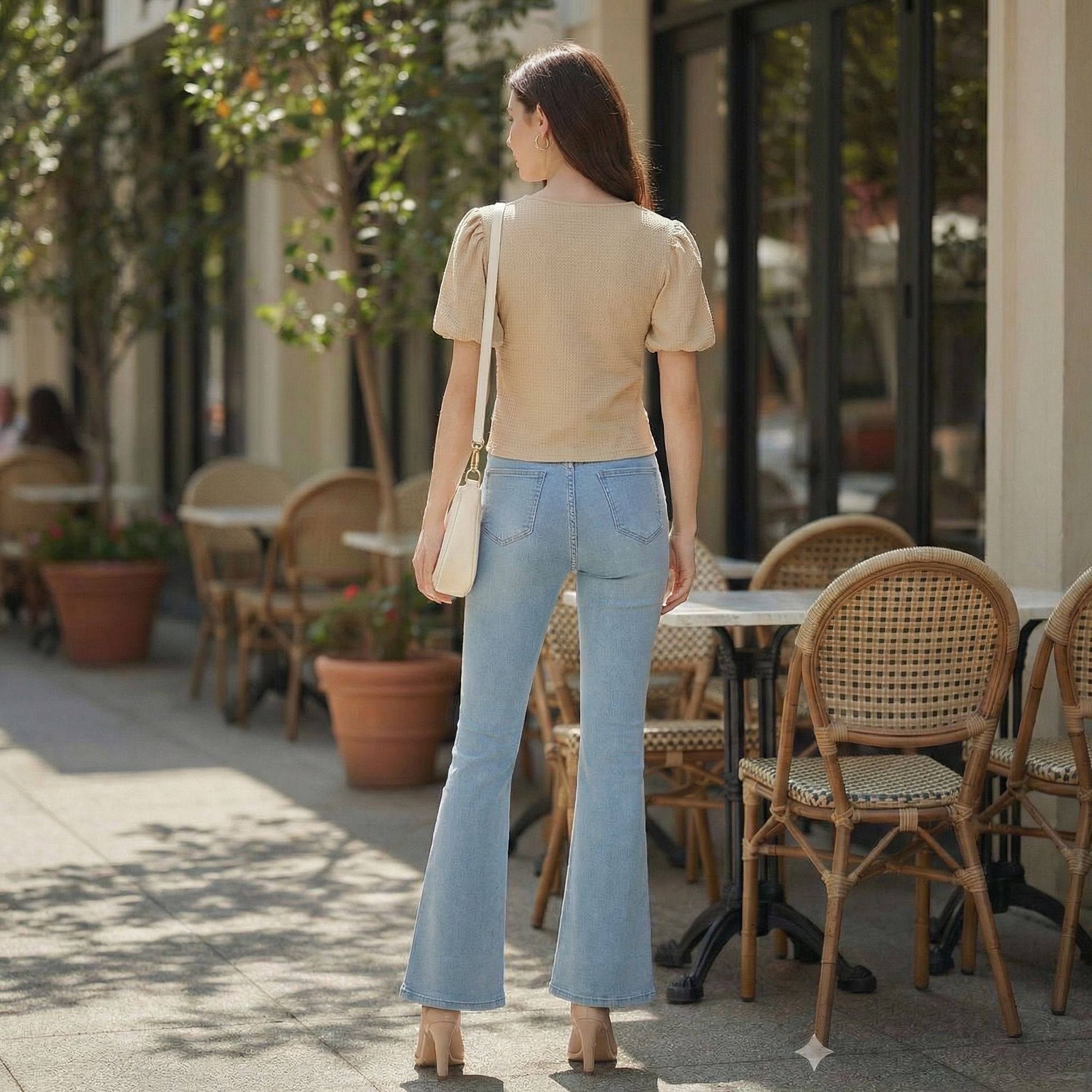 Beige-V-neck-puff-sleeve-textured-women's-top