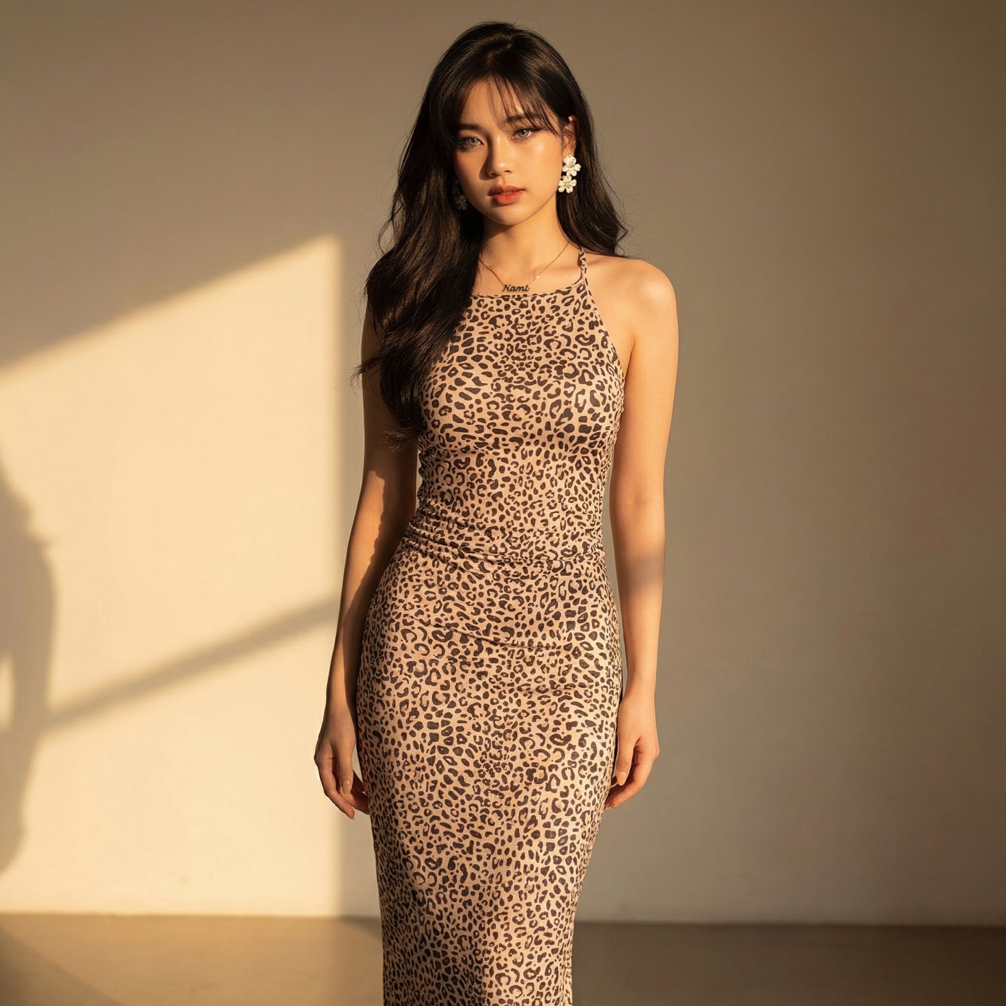 Leopard-print-straight-neck-calf-bodycon-dresses