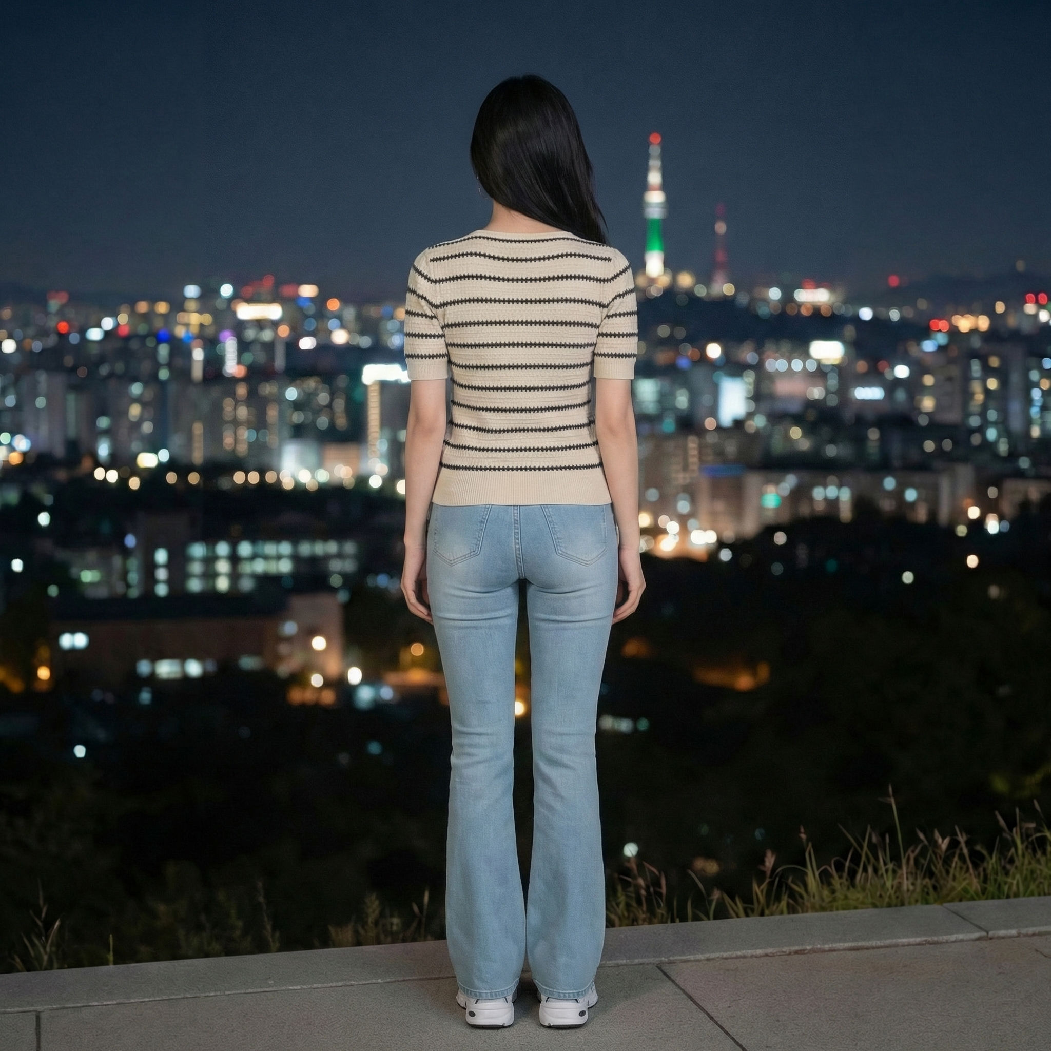 Beige-striped-slim-fit-round-neck-top