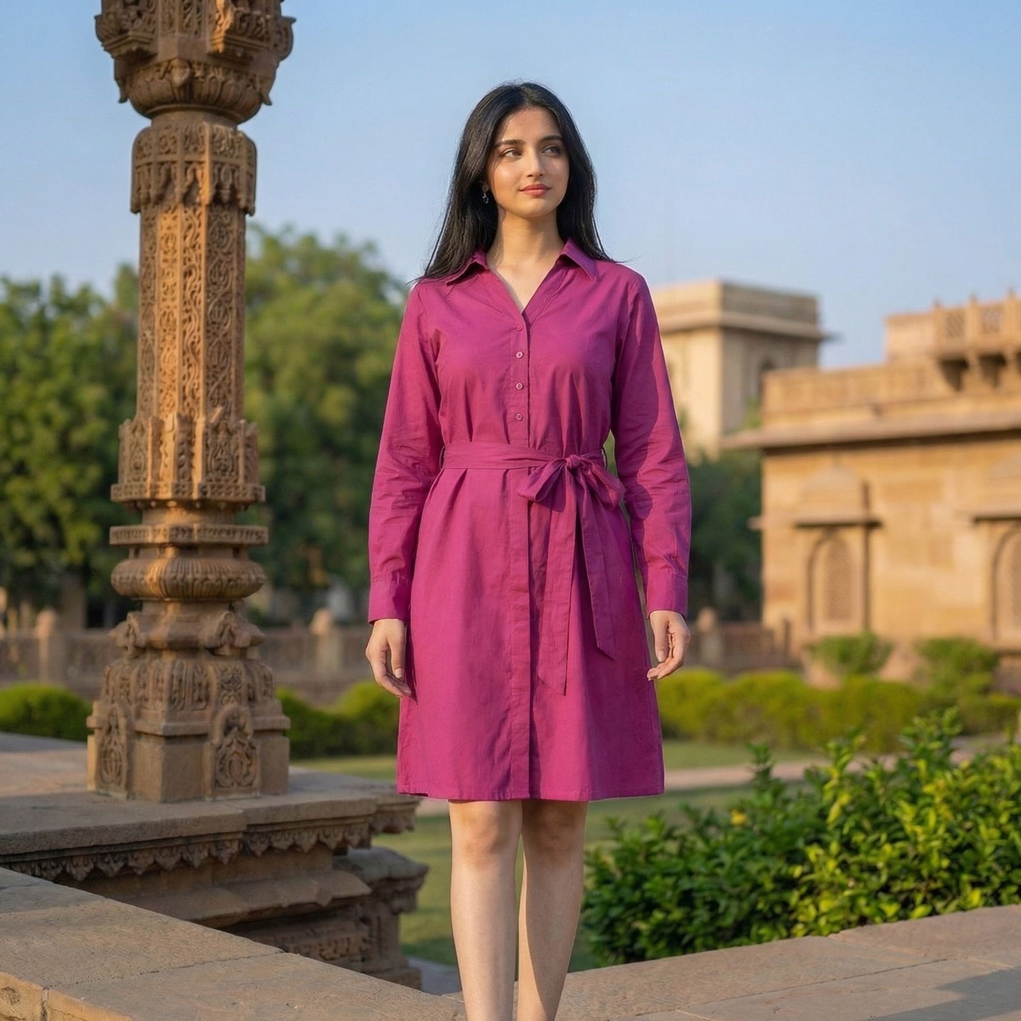 Magenta-long-sleeve-collared-belted-shirt-dress-for-women