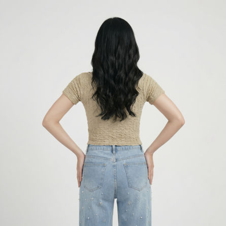 Beige-textured-short-sleeve-cropped-top-for-women