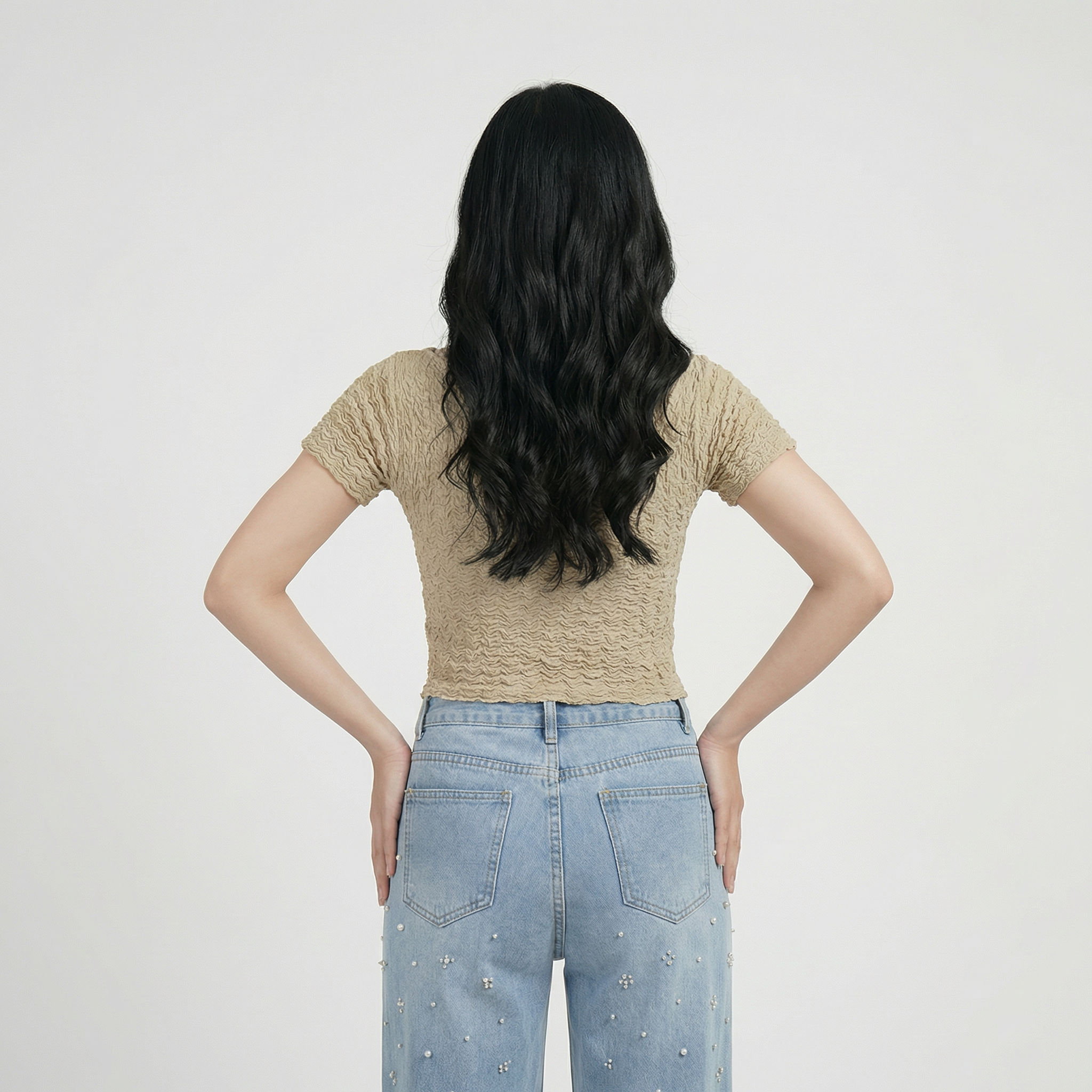 Beige-textured-short-sleeve-cropped-top-for-women