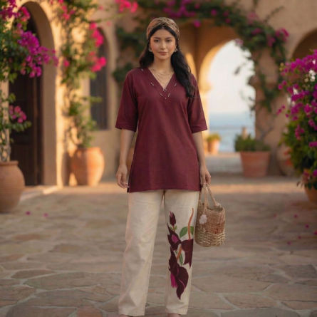 Maroon-v-neck-tunic-top-with-floral-print-pants-womens-co-ord-set